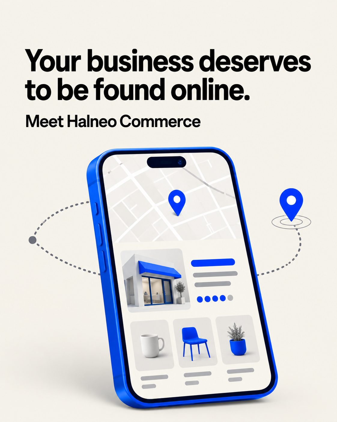 Illustrative Halneo Commerce post with a digital shop concept on a phone