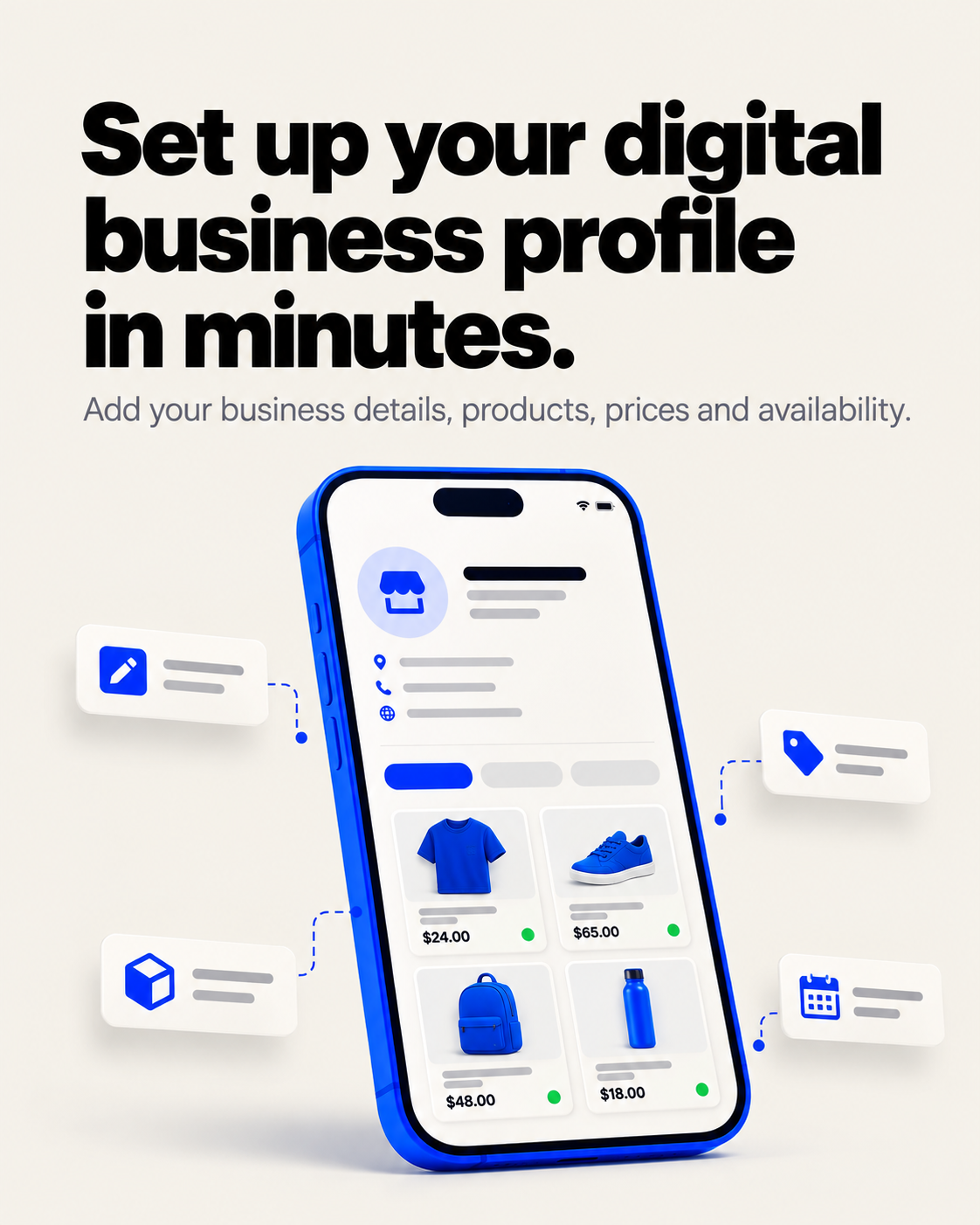 Illustrative phone concept showing a merchant's digital shop and product listings